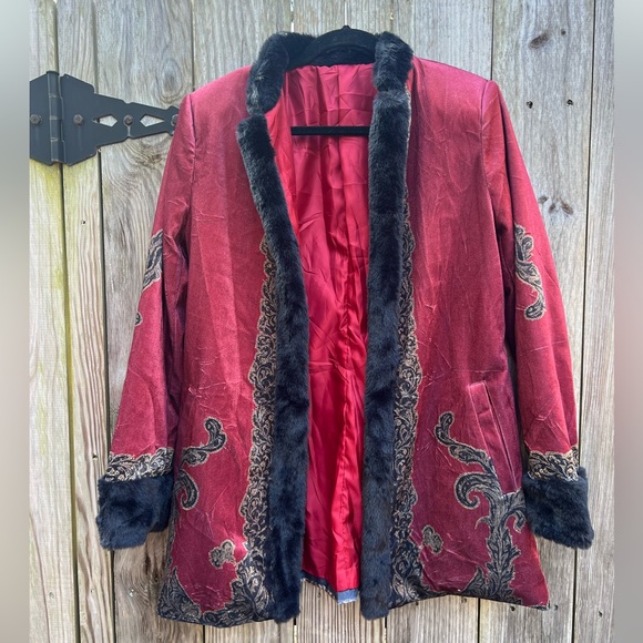 Vintage Jackets & Blazers - Vintage Red Velour Faux Fur Trim Artsy Design Open Coat Jacket Women’s Medium